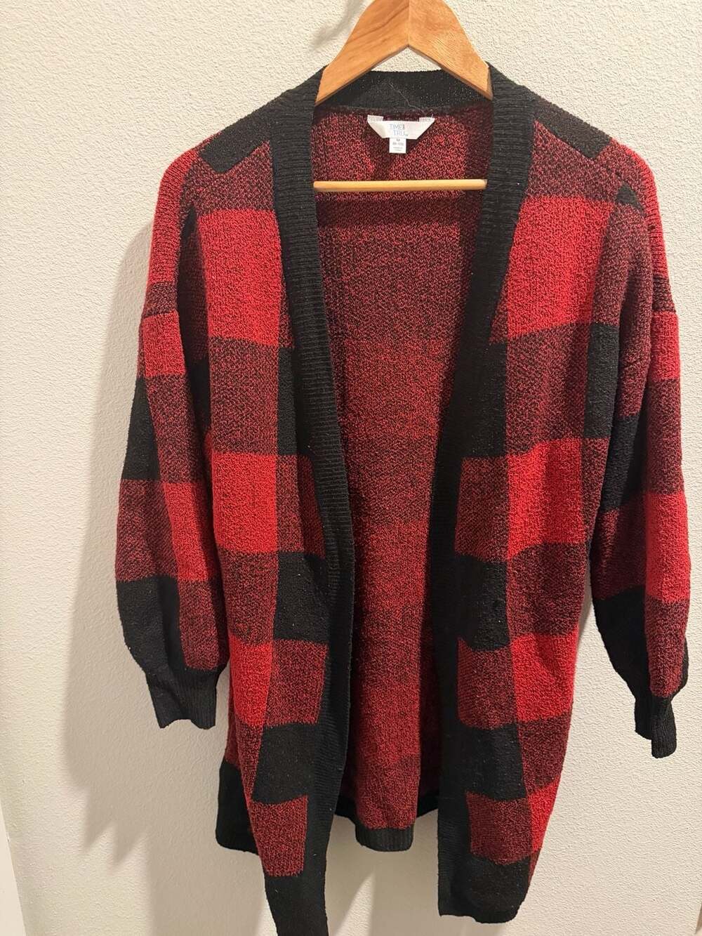 Time And Tru Womens Sweater Buffalo Plaid‎ 35" Long Open Cardigan Size Large